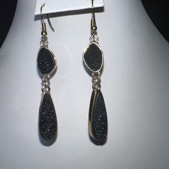 Black Druzy and Gold Tone Double Drop Earrings - Picture 2 of 7